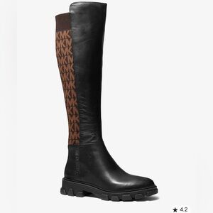Michael Kors Ridley Leather and Logo Jacquard Knee Boot